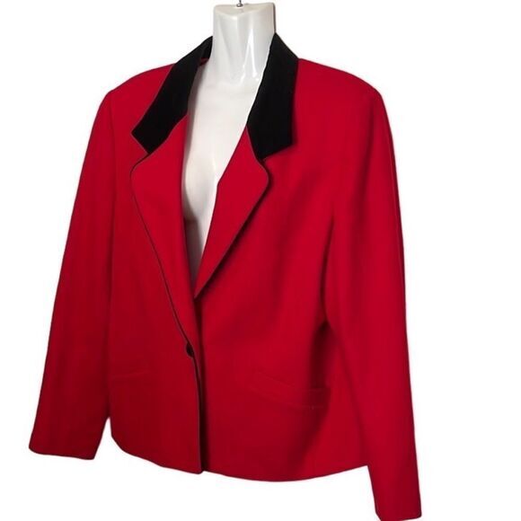 Koret  Blazer Jacket 10 Red Black 100% Wool One Button velvet trim old money - Picture 3 of 9